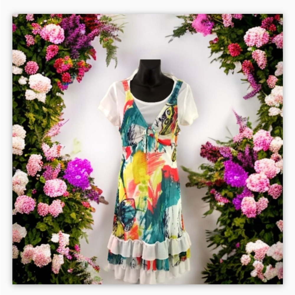 VTG-Y2K-Mesh Overlay Layered Tiered Floral dress -twofer-Sz S-coquette -EUC🌸